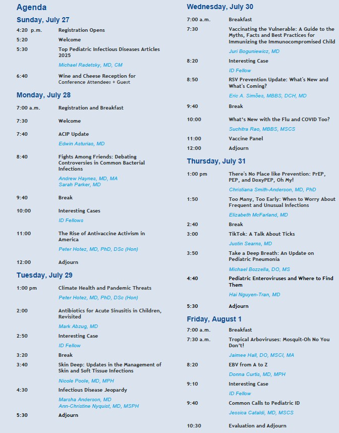 Colorado Pediatric Infectious Diseases (@copedsid) on Twitter photo The 42nd Annual Conference on Pediatric Infectious Diseases #VailPedsID2025 is rapidly approaching. Join <a href="/COpedsID/">Colorado Pediatric Infectious Diseases</a> faculty & guest speaker <a href="/PeterHotez/">Prof Peter Hotez MD PhD</a> in Vail CO Jul 27-Aug 1 or virtually to get #CME #MOC updates on #pedsID topics below. Register today:
ce.childrenscolorado.org/content/42nd-a… The 42nd Annual Conference on Pediatric Infectious Diseases #VailPedsID2025 is rapidly approaching. Join <a href="/COpedsID/">Colorado Pediatric Infectious Diseases</a> faculty & guest speaker <a href="/PeterHotez/">Prof Peter Hotez MD PhD</a> in Vail CO Jul 27-Aug 1 or virtually to get #CME #MOC updates on #pedsID topics below. Register today:
ce.childrenscolorado.org/content/42nd-a…