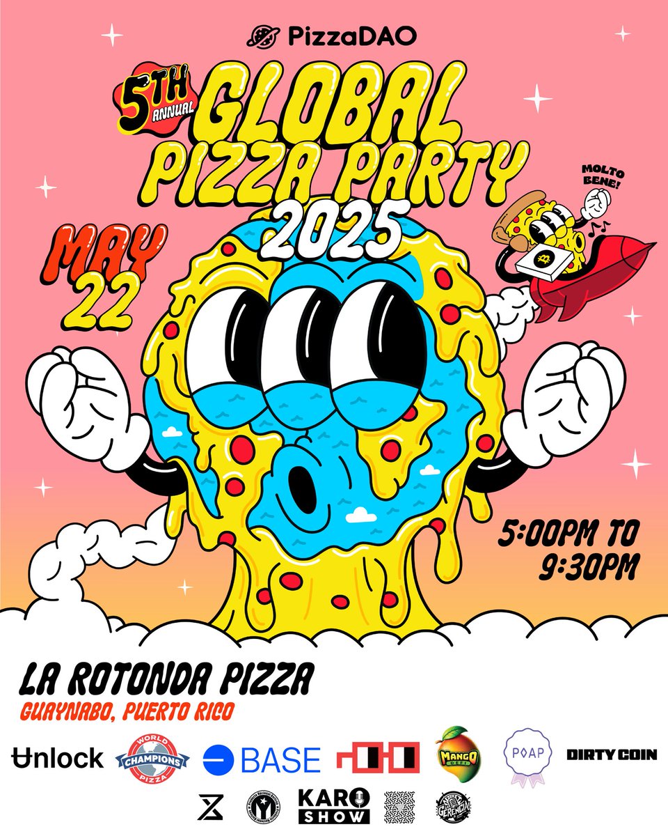 Hace 14 años, Laszlo pagó 10,000 BTC por 2 pizzas. Hoy eso vale como unos $1,032,990,000… 😳

¡Pero esa compra cambió la historia de Bitcoin!

Y lo celebramos como se debe:
comunidad, arte, POAP… y sí, 🍕 PIZZA GRATIS

📍 La Rotonda Pizza, Guaynabo | 🗓️ 22 mayo | 🕔 5P-9:30P
🎟️