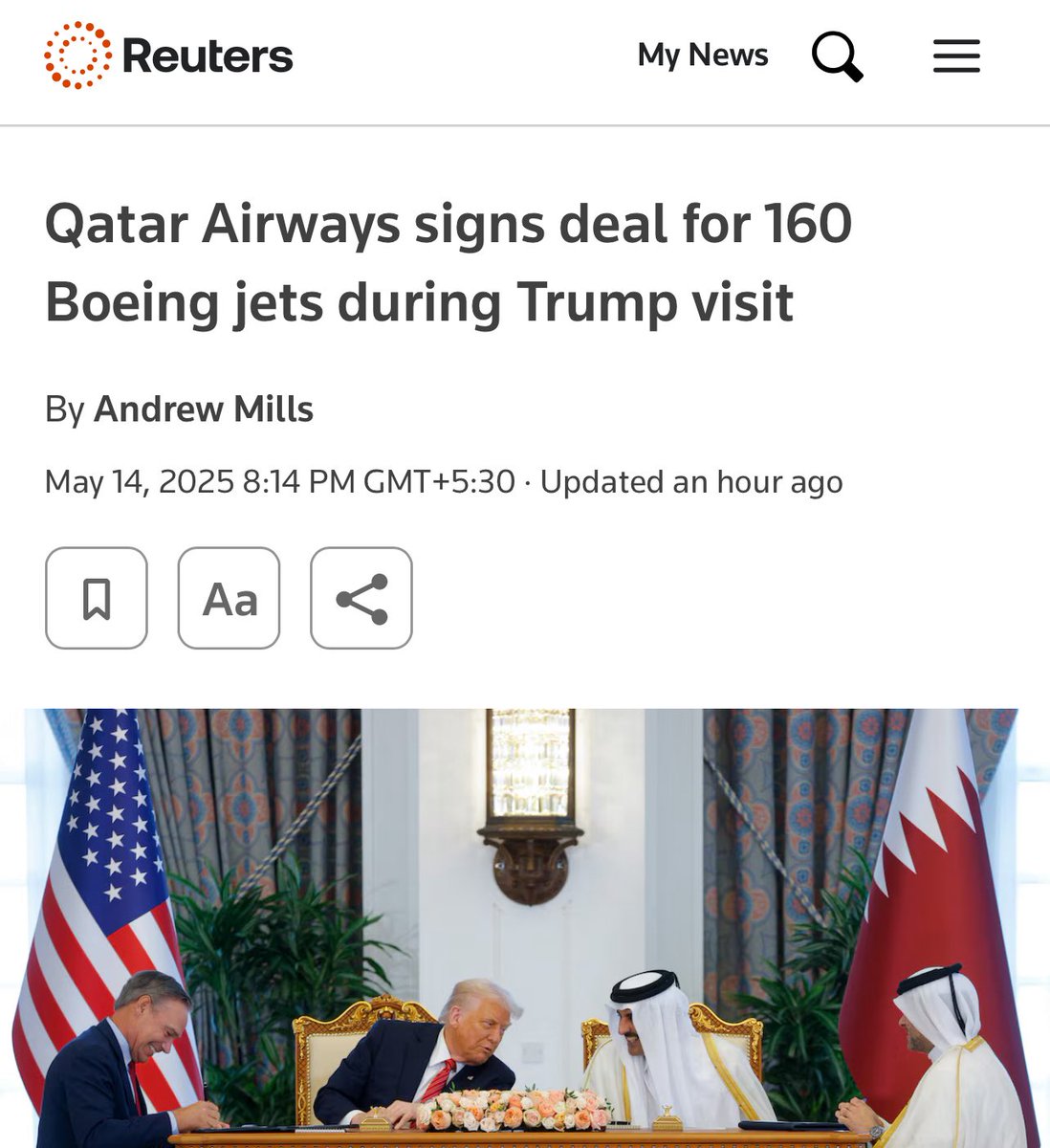 $300 billion from Saudi Arabia.

$200 billion from Qatar.

Trump is on a roll. 😆

Qatar agrees to buy 160 planes, the largest order in Boeing’s history.