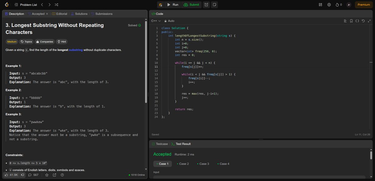 Aswin_004's tweet photo. Day 98: #100DaysOfCode 🚀

Today, I solved the following problem from NeetCode 150:

✅ Longest Substring Without Repeating Characters: https://t.co/pDsFyPBny9

#DataStructures #Algorithms #CompetitiveProgramming #CodeEveryDay #SoftwareEngineering #DSA #Codeforces #Coding https://t.co/A3QpFPMGC4