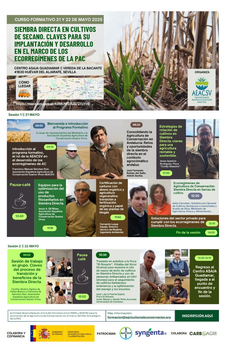 ASAJA-SEVILLA (@asajasevilla) on Twitter photo 🗣️Siembra directa en secano y #ecorregímenes‼️
✅Curso teórico-práctico con visitas de #Campo
✅Organizado por <a href="/AEACSV/">Ag de Conservación</a> con <a href="/carboagri/">carboagri</a> y <a href="/SyngentaES/">Syngenta España</a>
✅Dónde⁉️
➡️Ctro. Guadiamar de @ASAJASevilla
en #Huévar📍
✅Cuándo⁉️
➡️21 y 22 de mayo🗓️
⏩Inscríbete‼️👉🏽portalformativoac.es/curso-formativ… 🗣️Siembra directa en secano y #ecorregímenes‼️
✅Curso teórico-práctico con visitas de #Campo
✅Organizado por <a href="/AEACSV/">Ag de Conservación</a> con <a href="/carboagri/">carboagri</a> y <a href="/SyngentaES/">Syngenta España</a>
✅Dónde⁉️
➡️Ctro. Guadiamar de @ASAJASevilla
en #Huévar📍
✅Cuándo⁉️
➡️21 y 22 de mayo🗓️
⏩Inscríbete‼️👉🏽portalformativoac.es/curso-formativ…