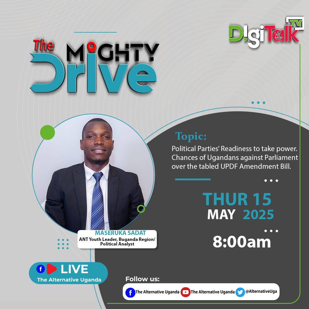 Maseruka Sadat (@maserukasadat) on Twitter photo Tomorrow morning I will be hosted at <a href="/AlternativeUga/">The Alternative Uganda</a> to discuss issues related to the preparedness of political parties to participate in the upcoming 2026 among other issues. Tomorrow morning I will be hosted at <a href="/AlternativeUga/">The Alternative Uganda</a> to discuss issues related to the preparedness of political parties to participate in the upcoming 2026 among other issues.