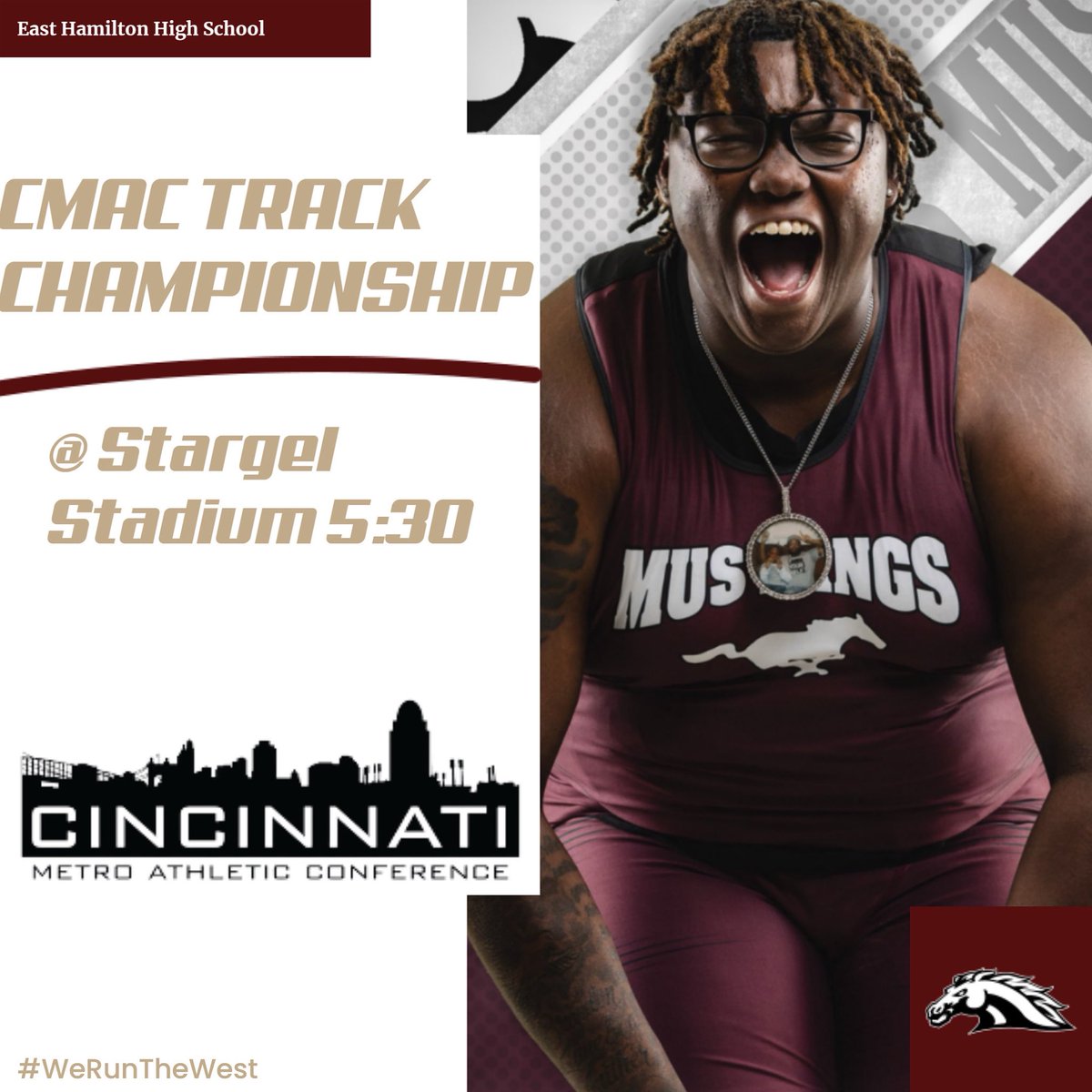 Today’s the Day!📍

Boys track heads downtown to Stargel Stadium for the CMAC Championship. 

Meet begins at 5:30. 

#WeRunTheWest🐎
