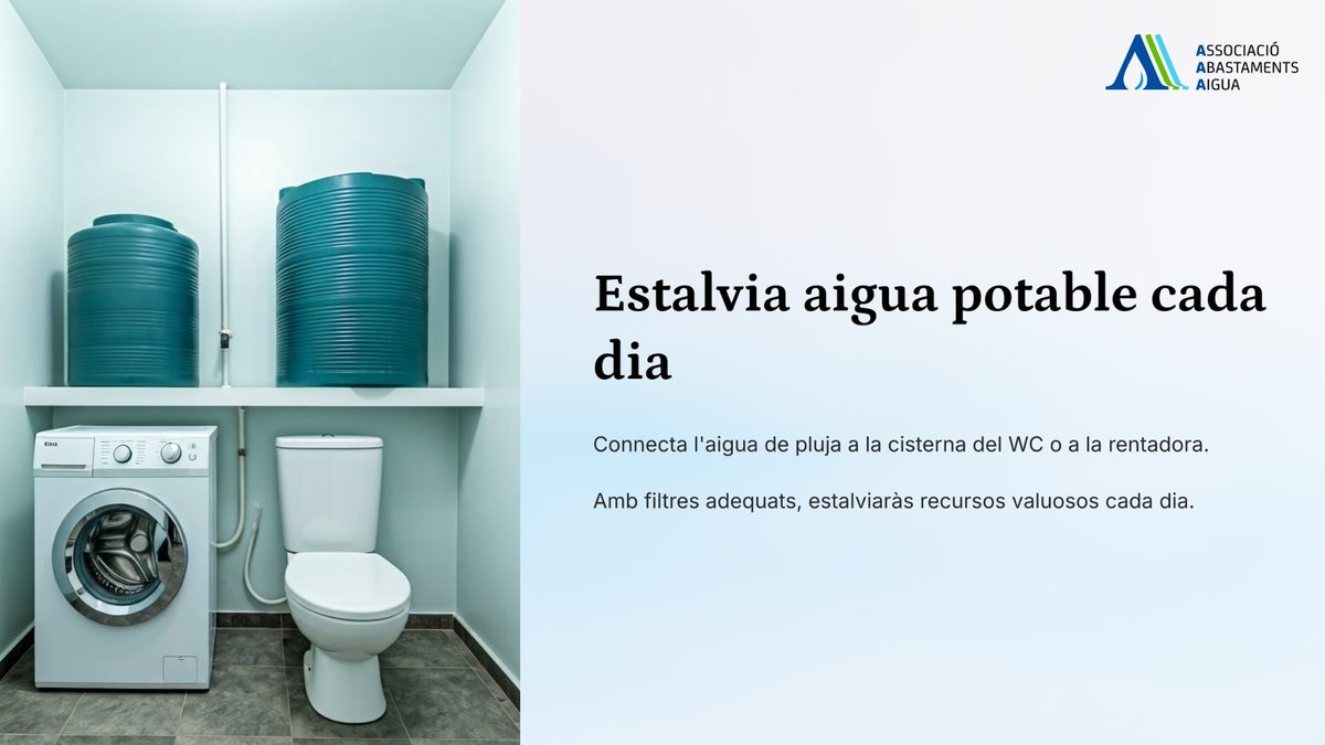 Estalvia aigua potable cada dia! 💧♻️

Connecta l’aigua de pluja a la cisterna del WC o a la rentadora!

🚽🧺 Amb filtres adequats, reutilitzes sense riscos
i estalvies recursos valuosos a diari!

#AiguaDePluja #EstalviDAigua #Sostenibilitat #EcoConsells #AAA