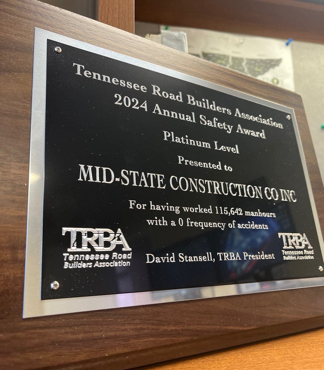 midstate_const's tweet image. Big honor for the crew — **115,642 man-hours with zero accidents** earned us the **TRBA Annual Safety Award**. Proud of our team for making safety a top priority every day. #ZeroAccidents #TRBA #MidStateConstruction #SafetyFirst #ConstructionExcellence