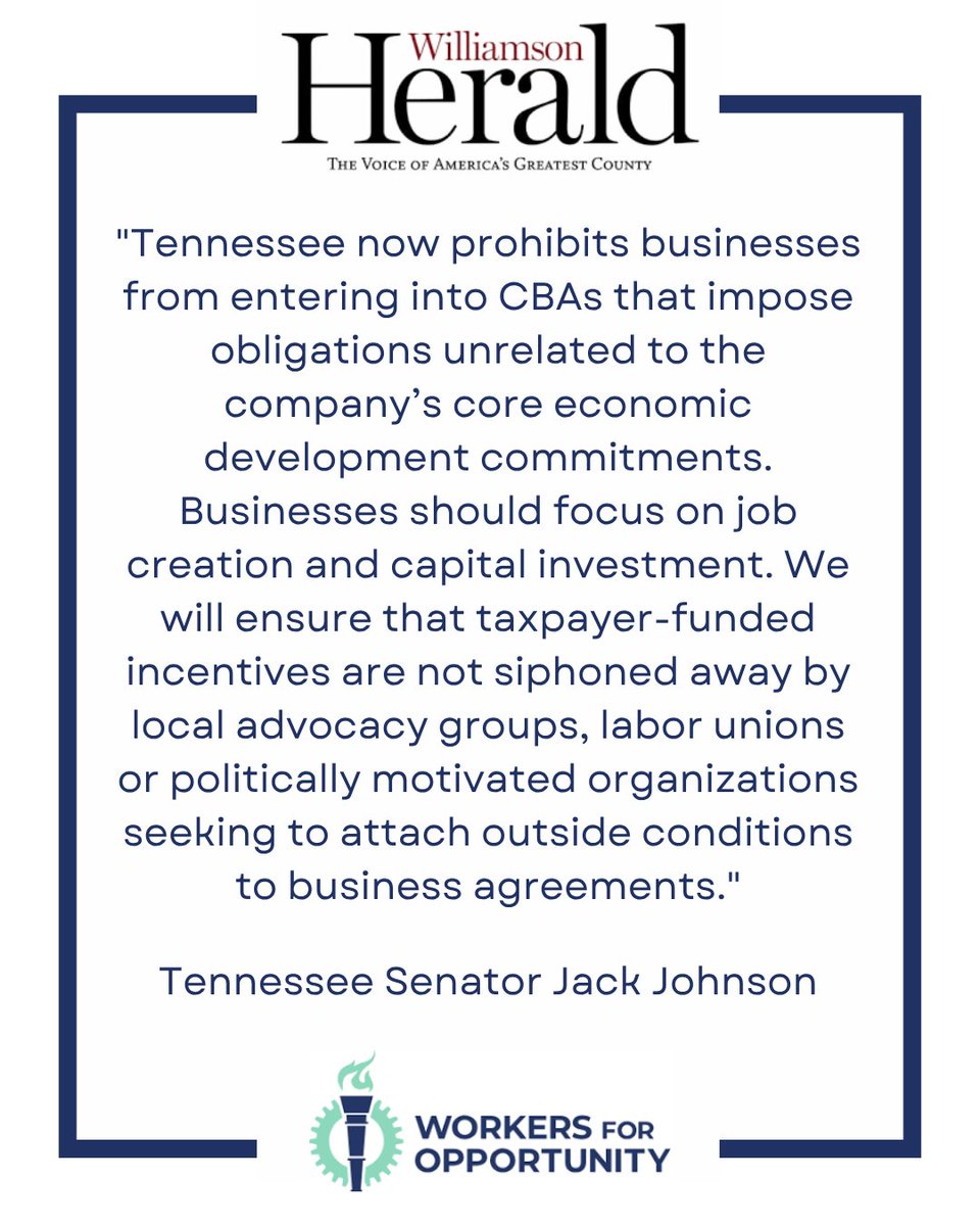 Thank you Sen. Majority Leader <a href="/SenJohnson/">Jack Johnson</a>, House Speaker <a href="/CSexton25/">Speaker Cameron Sexton</a> &amp; <a href="/GovBillLee/">Gov. Bill Lee</a>  for their leadership. Tennessee now ensures that taxpayer dollars are not siphoned away by political groups - further cementing TN as a worker and business friendly state.
williamsonherald.com/opinion/column…