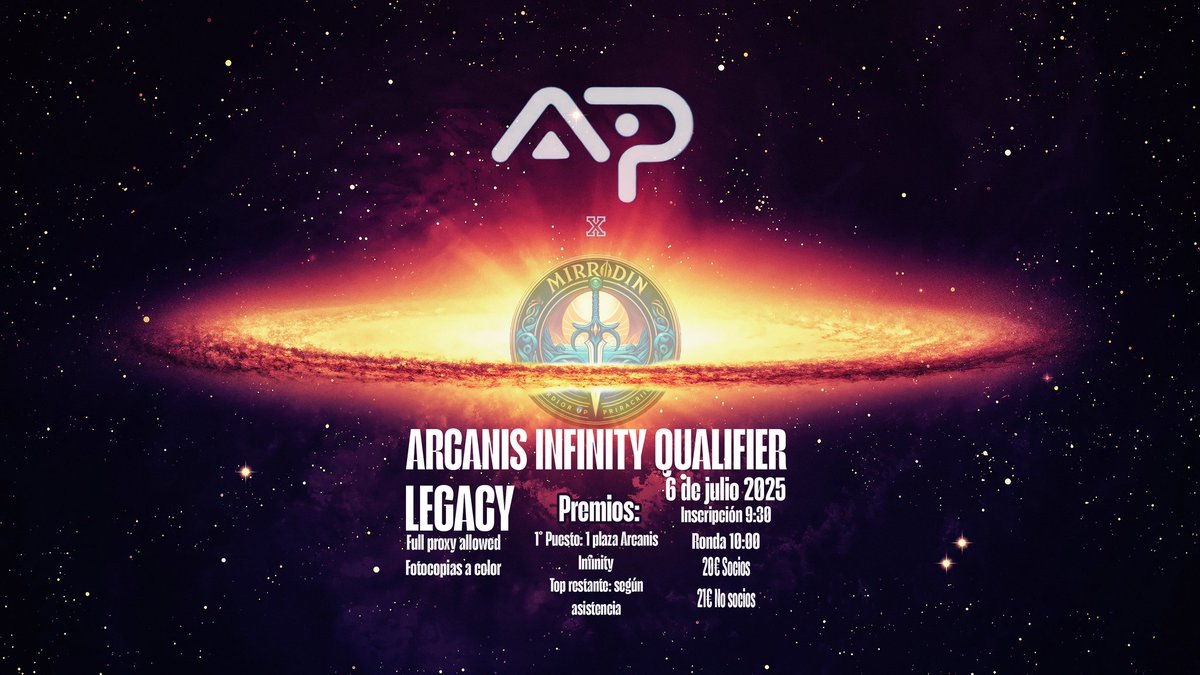 De la mano de <a href="/ArcanisInfinity/">Arcanis Infinity XXIII & XXIV🔜2026</a> , os dejo aqui el anuncio del AIQ, un clasificatorio para el Arcanis. Será el domingo 6 de Julio en la soci, siendo este del Formato LEGACY!! 🔥🔥
9:30//10:00 Ronda
20 socios /21€ no socios
LEGACY (Full Proxys a color)
 40 plazas
TLF: 662202374