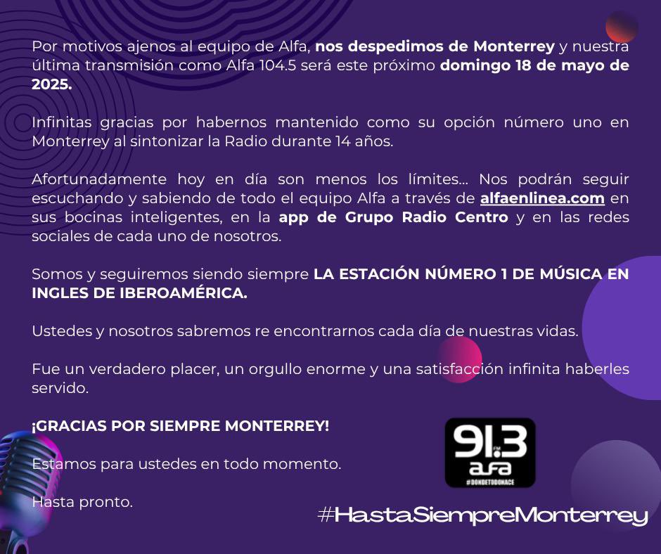 Un honor ser parte de este equipo y fue un placer para nosotros poder coincidir con ustedes al aire y compartir tanto ¡Gracias familia de Monterrey por todo! Si les es posible escucharnos por internet los esperamos en alfaenlinea.com

#HastaSiempreMonterrey