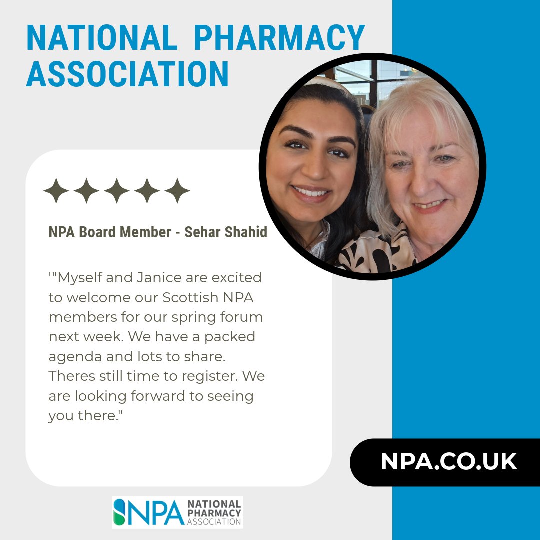 National Pharmacy Association (@npa1921) on Twitter photo 🤝NPA Scottish Spring Member Forum🎉
📅Wednesday 21 May
📍Garfield House Hotel, Stepps
🕐1pm–5pm | 🍽 Dinner: 5pm–8pm
Join us for an afternoon focused on creating capacity – with expert speakers, open discussion, and networking.
🎙Chaired by <a href="/janiceoman/">janice oman</a>
🎙With Simon Tebbutt 🤝NPA Scottish Spring Member Forum🎉
📅Wednesday 21 May
📍Garfield House Hotel, Stepps
🕐1pm–5pm | 🍽 Dinner: 5pm–8pm
Join us for an afternoon focused on creating capacity – with expert speakers, open discussion, and networking.
🎙Chaired by <a href="/janiceoman/">janice oman</a>
🎙With Simon Tebbutt