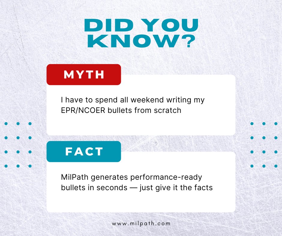 MILPATHGO's tweet image. Did you know?
Writing awards or EPRs /NCOERs doesn’t have to be a headache. MilPath.com turns your raw input into clean, regulation-aligned bullets—instantly.

📝 No more overthinking your wording.
🚀 Just mission → result → impact.

#MilPath #EPRBullets…