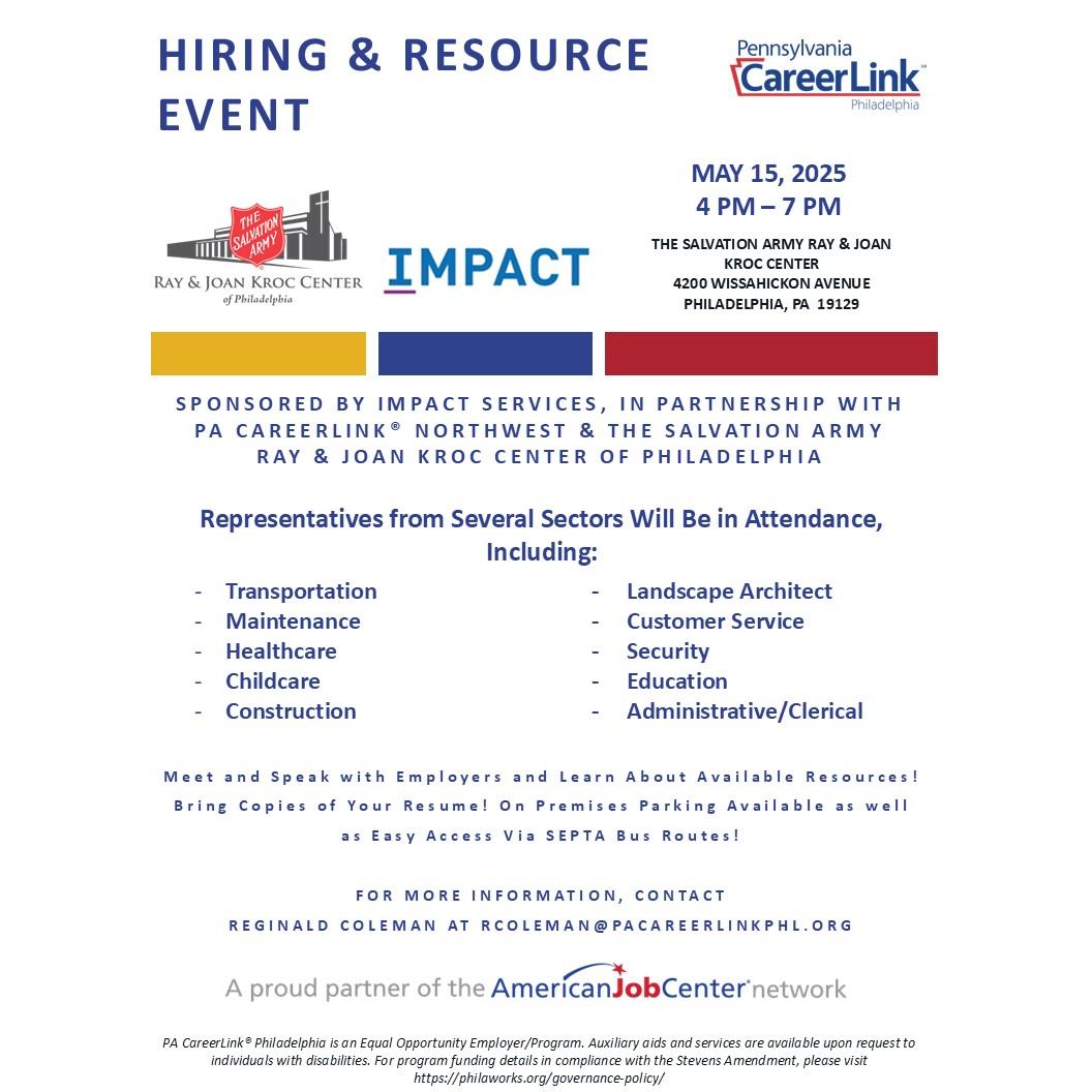 PhilaOHR's tweet photo. Looking for a career in Philly? 💼

Stop by the @PACareerLinkPHL Hiring &amp; Resource Event tomorrow, May 15, 4–7PM at the Ray &amp; Joan Kroc Center (4200 Wissahickon Ave).

Visit our table to learn about civil service jobs!

#WorkForPhilly #PhillyJobs #CityCareers https://t.co/aL6GYrSVHV