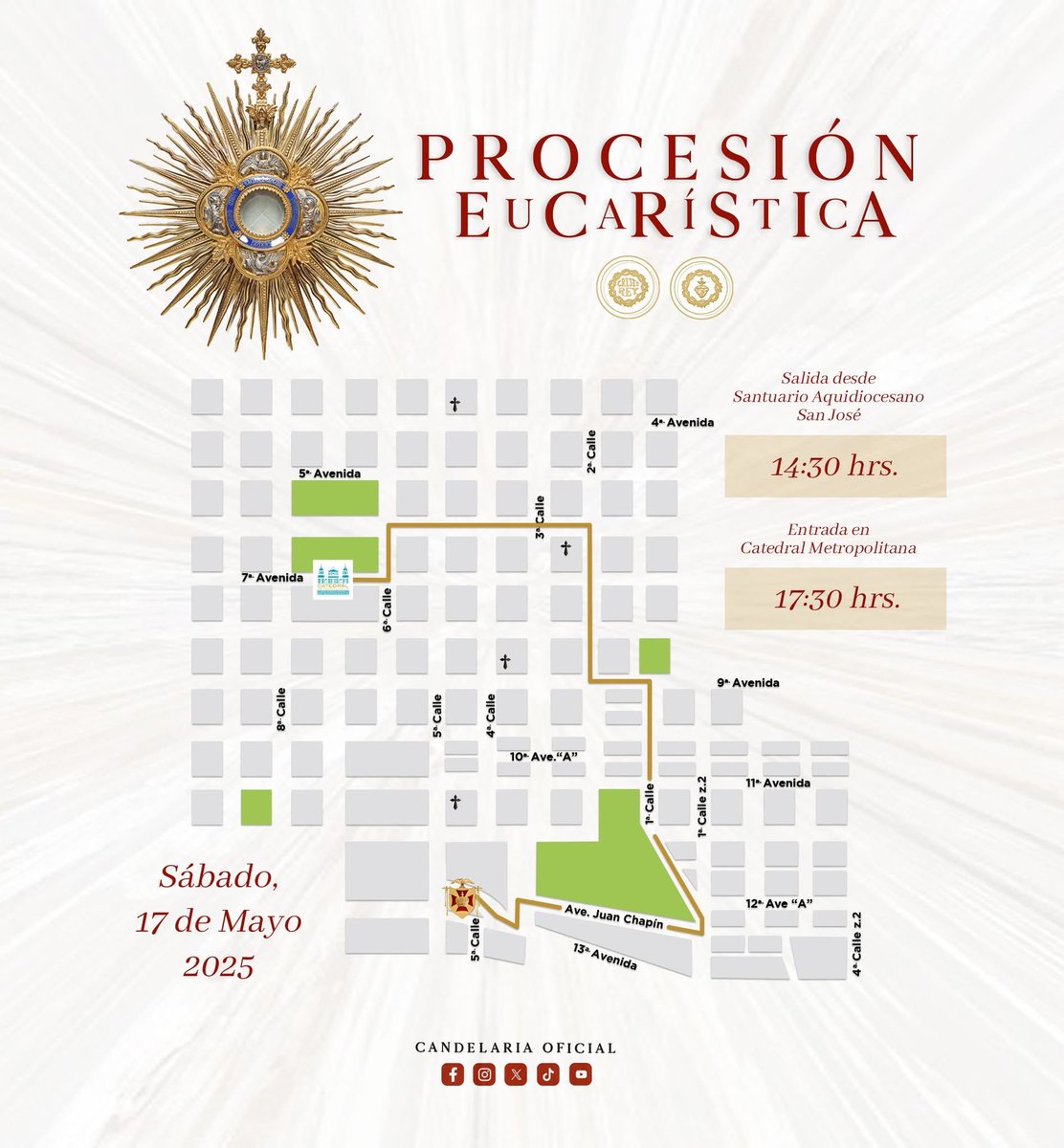 Recorrido oficial de la procesión Eucarística de las Cofradías y Hermandades de Pasión de la Arquideocesis de Santiago de Guatemala.