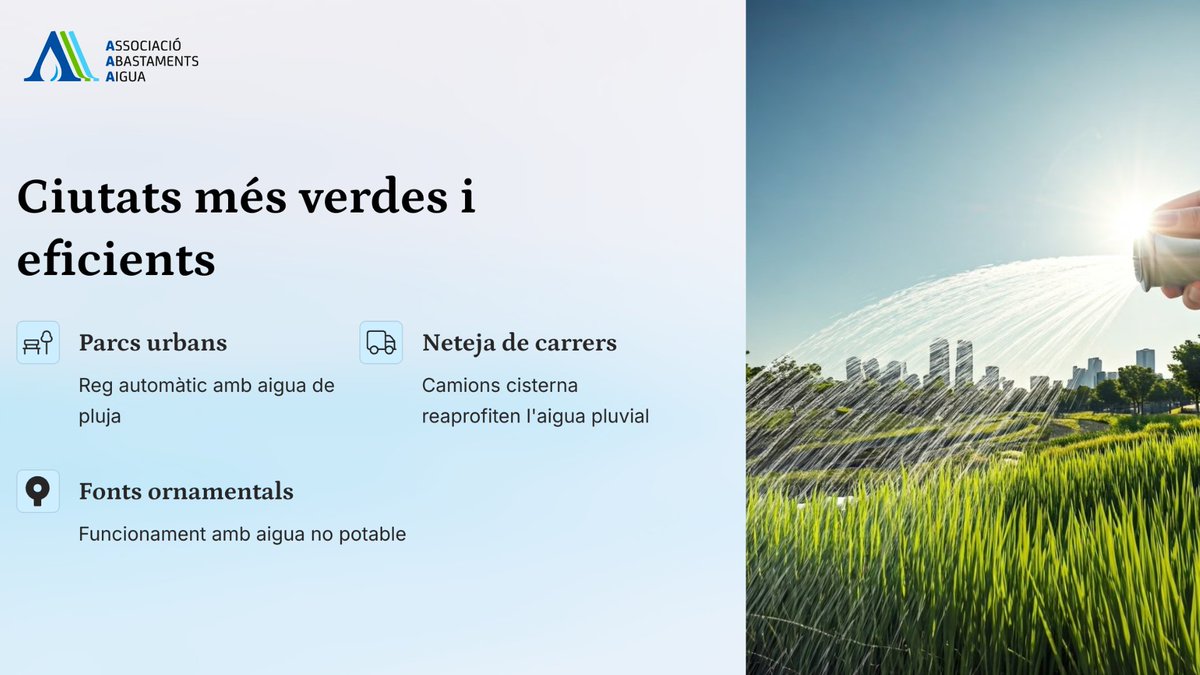 Ciutats més verdes i eficients! 🌿🏙️

L’aigua de pluja pot ajudar en:
🌳 Parcs urbans
🧼 Neteja de carrers
⛲ Fonts ornamentals

Una gestió intel·ligent per un futur més sostenible!

#AiguaDePluja #CiutatsVerdes #SostenibilitatUrbana #GestióDeLAigua #AAA