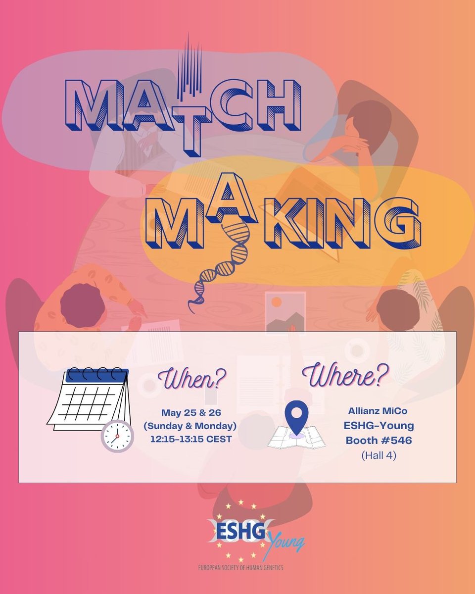 eshg_young (@eshg_young) on Twitter photo Mentors, PIs and academic professionals — meet the young geneticists!🧬
Join the <a href="/eshg_young/">eshg_young</a> MatchMaking Event
at #ESHG2025 Booth 546 (Hall 4) on May25th and May26th 12:15-13:15CEST
PIs and Mentors to secure spot contact eshgy@eshg.org. If you are trainee, no reservation needed. Mentors, PIs and academic professionals — meet the young geneticists!🧬
Join the <a href="/eshg_young/">eshg_young</a> MatchMaking Event
at #ESHG2025 Booth 546 (Hall 4) on May25th and May26th 12:15-13:15CEST
PIs and Mentors to secure spot contact eshgy@eshg.org. If you are trainee, no reservation needed.