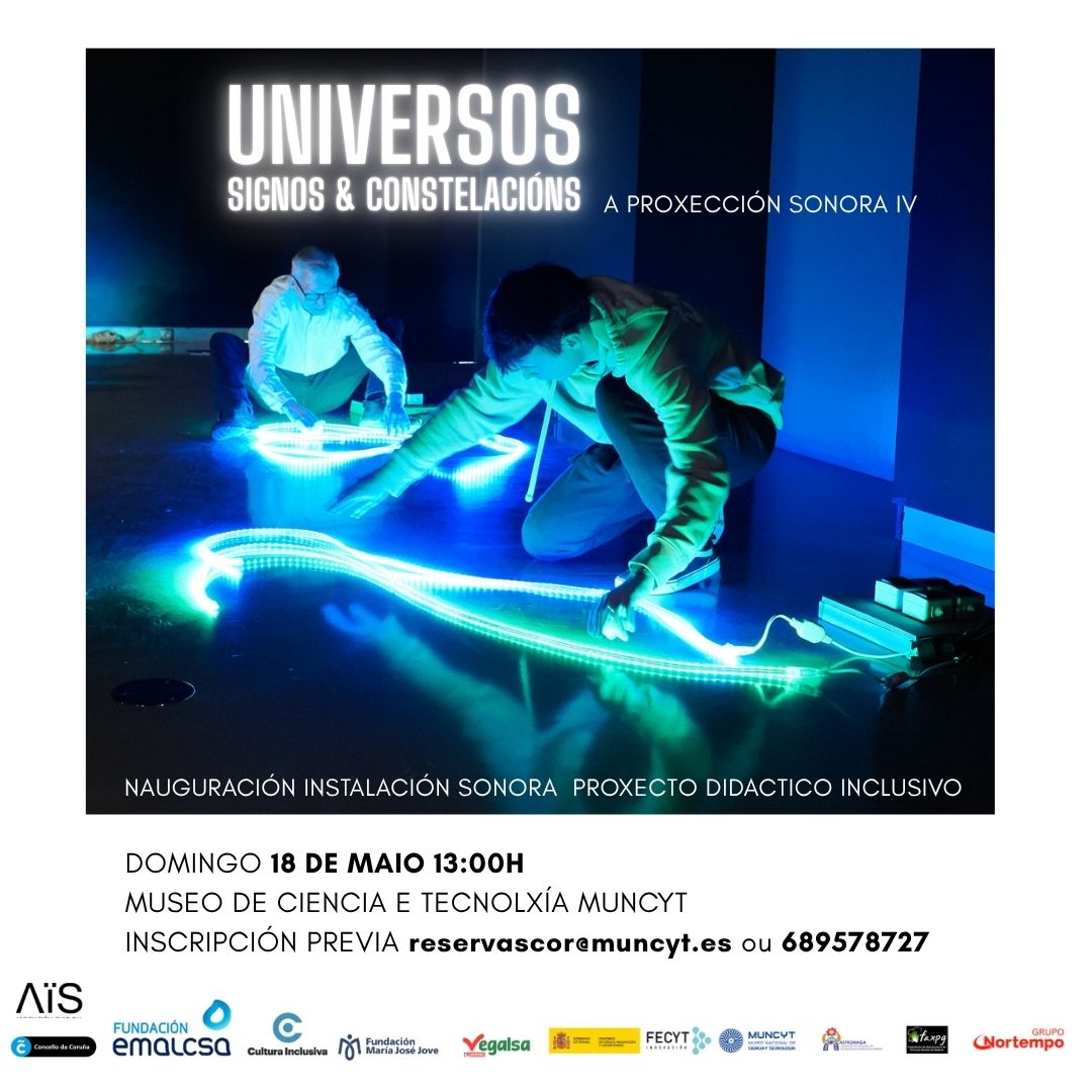 Presentación instalación sonora no <a href="/ResisFestival/">Festival RESIS - A Coruña</a> #AProxecciónSonora IV UNIVERSOS, SIGNOS E CONSTELACIÓNS
18 de maio, 13h <a href="/muncyt/">Museo Ciencia+Tecno</a>.

Proxecto de <a href="/AisCultural/">Asociación Cultural AÏS</a> na IX Convocatoria de #CulturaAccesible e #CulturaInclusiva da <a href="/FundEmalcsa/">Fundación Emalcsa</a> patrocinado por Vegalsa Eroski e <a href="/funfmjj/">FunMaríaJoséJove</a>