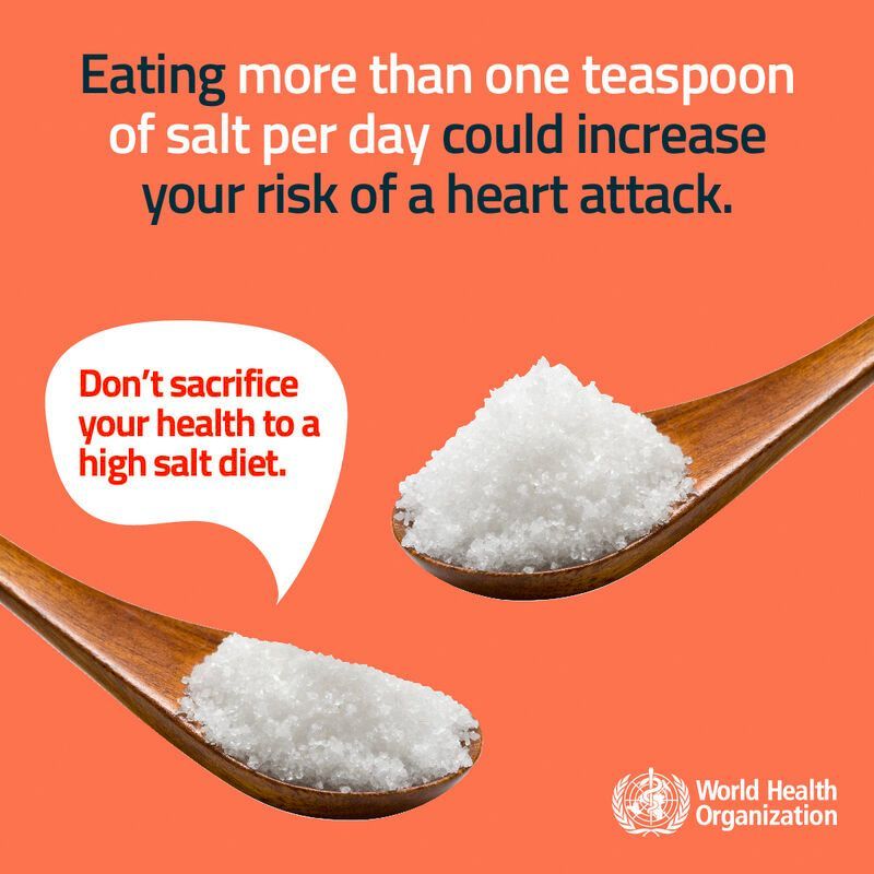 Eating more than 1⃣ teaspoon of salt 🧂 per day could increase your risk of a heart 🫀 attack.

Look after your health and #beatNCDs.

#SaltAwarenessWeek #WorldSaltAwarenessWeek #HealthyEating #ReduceSaltIntake