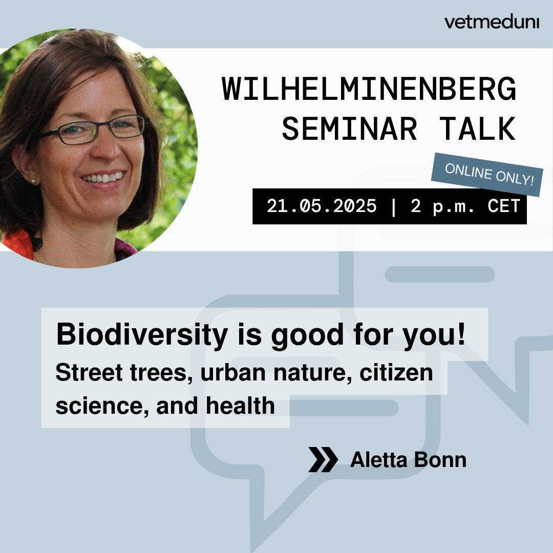 Nächster #WilhelminenbergSeminarTalk <a href="/FIWIvienna/">FIWI Vienna</a>: 21.5. | 14:00 Uhr mit Aletta Bonn (<a href="/AlettaBonn/">Aletta Bonn</a>)/Helmholtz Centre for Environmental Research <a href="/UFZ_de/">UFZ</a> 💬
📍ONLINE ONLY!👩‍💻
→ vetmeduni.ac.at/fiwi/seminar-a…
📢Tipp für Studierende: Die Teilnahme wird als Wahlfach anerkannt! (KV 128 804)