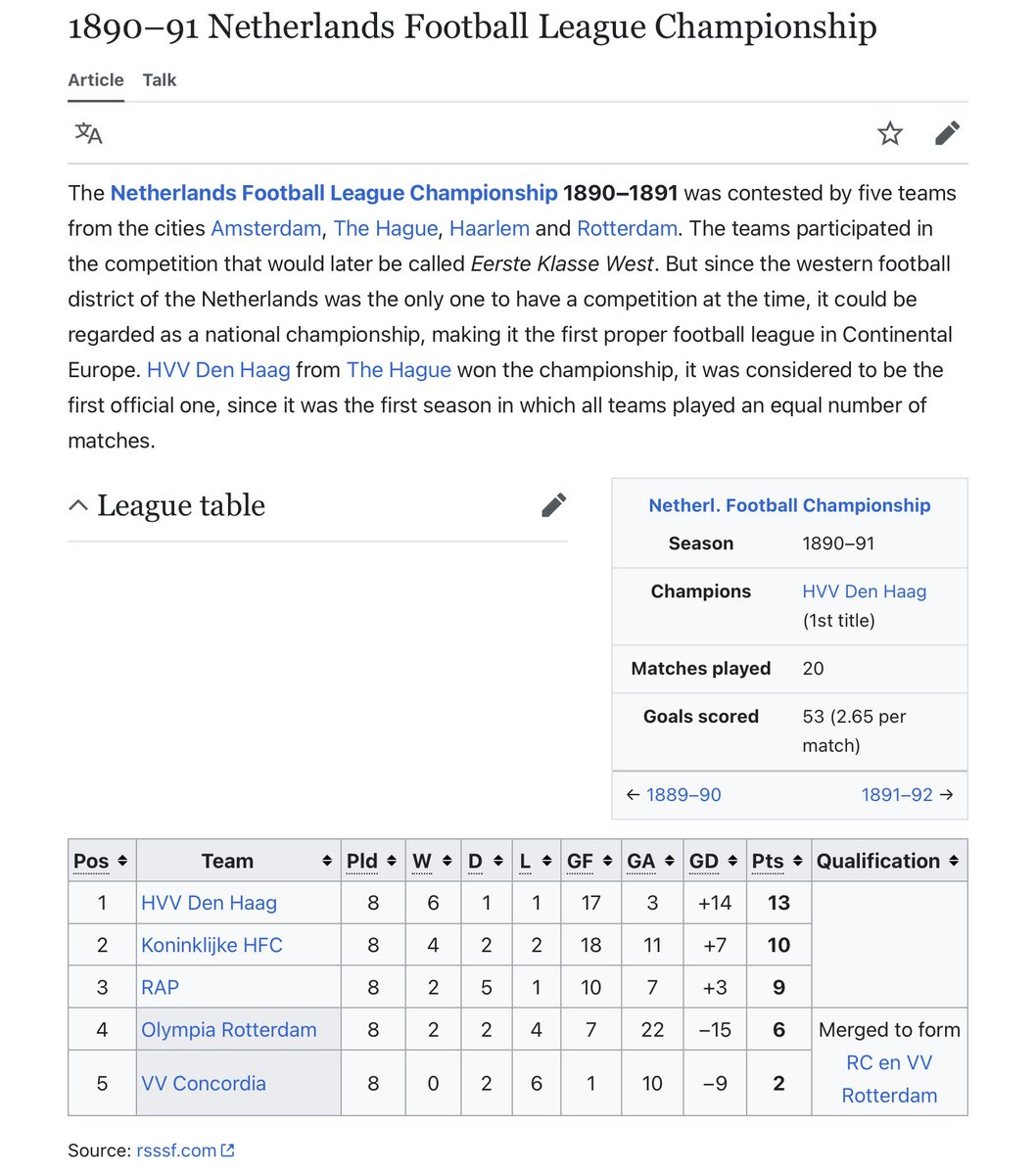 AbidinSide's tweet image. Gelar juara Ajax (total 36) juga dihitung sedari belom ada Eredivisie (yg baru ada sejak thn 1956). Bahkan gelar juara HVV Den Haag musim 1890/1891 juga masuk hitungan resmi KNVB, meskipun saat itu FIFA belom berdiri (1904), sehingga mereka menyandang 1 bintang, karena juara 10x.