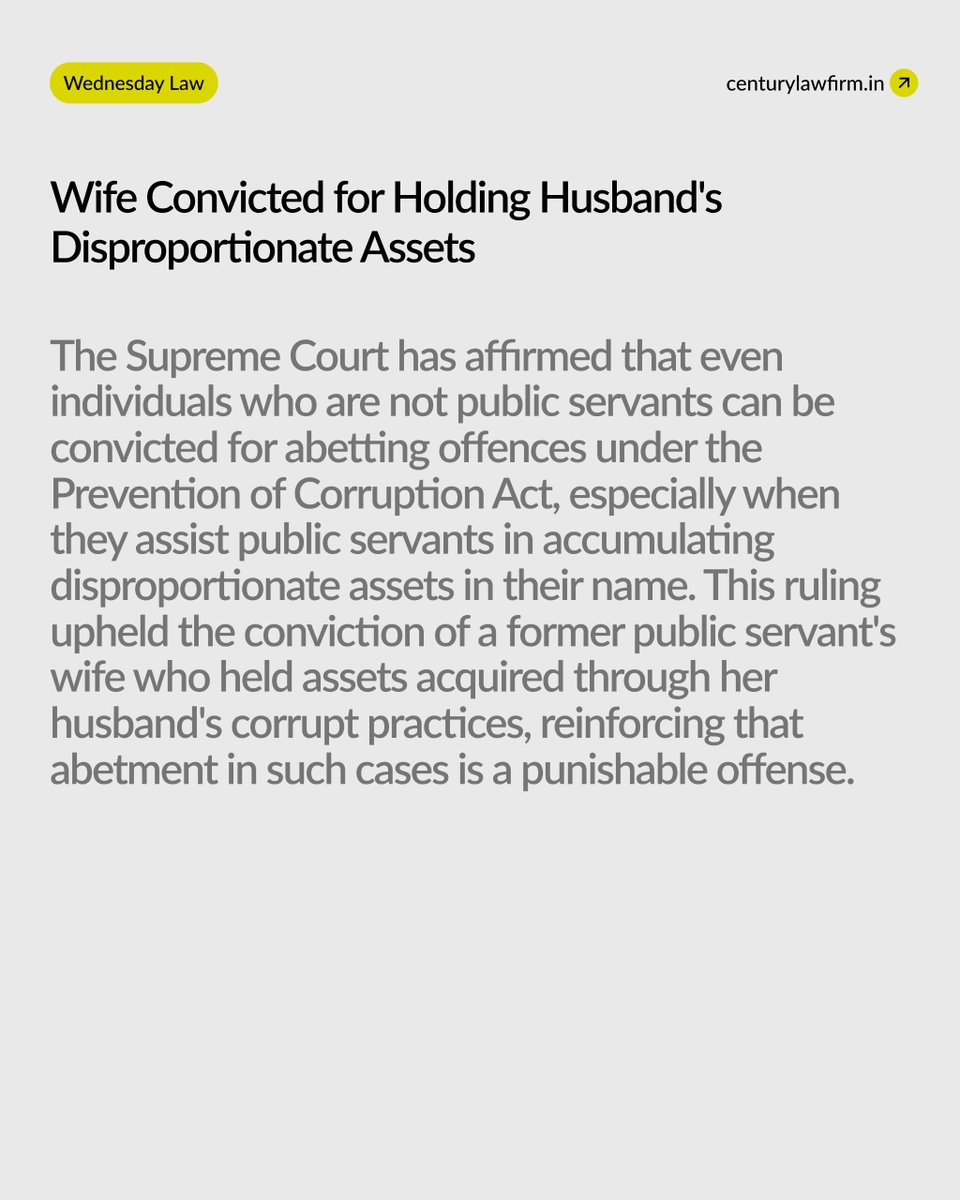 centurylawind's tweet image. #WednesdayLaw
The Supreme Court confirms: even non-public servants can be convicted under the Prevention of Corruption Act for holding assets on behalf of corrupt public officials.
Read more: centurylawfirm.in
#Corruption #PCAAct #SupremeCourt #IndianLaw #Accountability