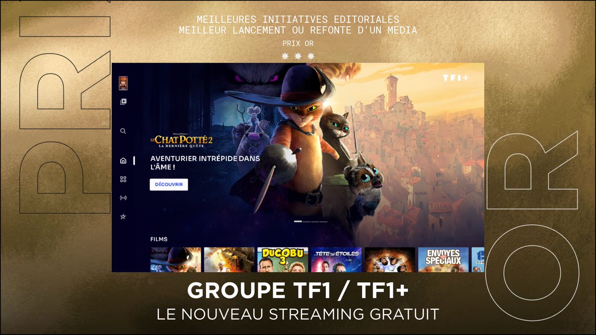 Strategies (@strategies) on Twitter photo Catégorie Meilleur lancement ou refonte d’un média, un #OR est décerné au <a href="/GroupeTF1/">Groupe TF1</a>
pour le «TF1+ », la première plateforme de streaming gratuite premium en France. #gpstrat Catégorie Meilleur lancement ou refonte d’un média, un #OR est décerné au <a href="/GroupeTF1/">Groupe TF1</a>
pour le «TF1+ », la première plateforme de streaming gratuite premium en France. #gpstrat