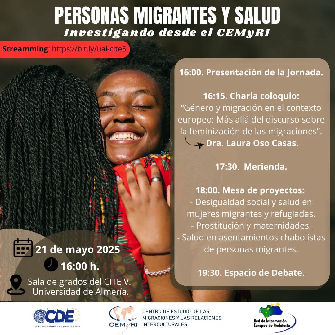 CEMyRI's tweet photo. ¡No te pierdas las Jornadas "Personas Migrantes y Salud"! 

El CEMyRI y el @cdeualmeria organizan un encuentro imprescindible para reflexionar sobre migración, género y salud.

🗓 Fecha: 21 de mayo de 2025
⏰ Hora: 16:00
📍 Lugar: Sala de Grados del CITE V, @ualmeria. https://t.co/Wxdb6KN3kW