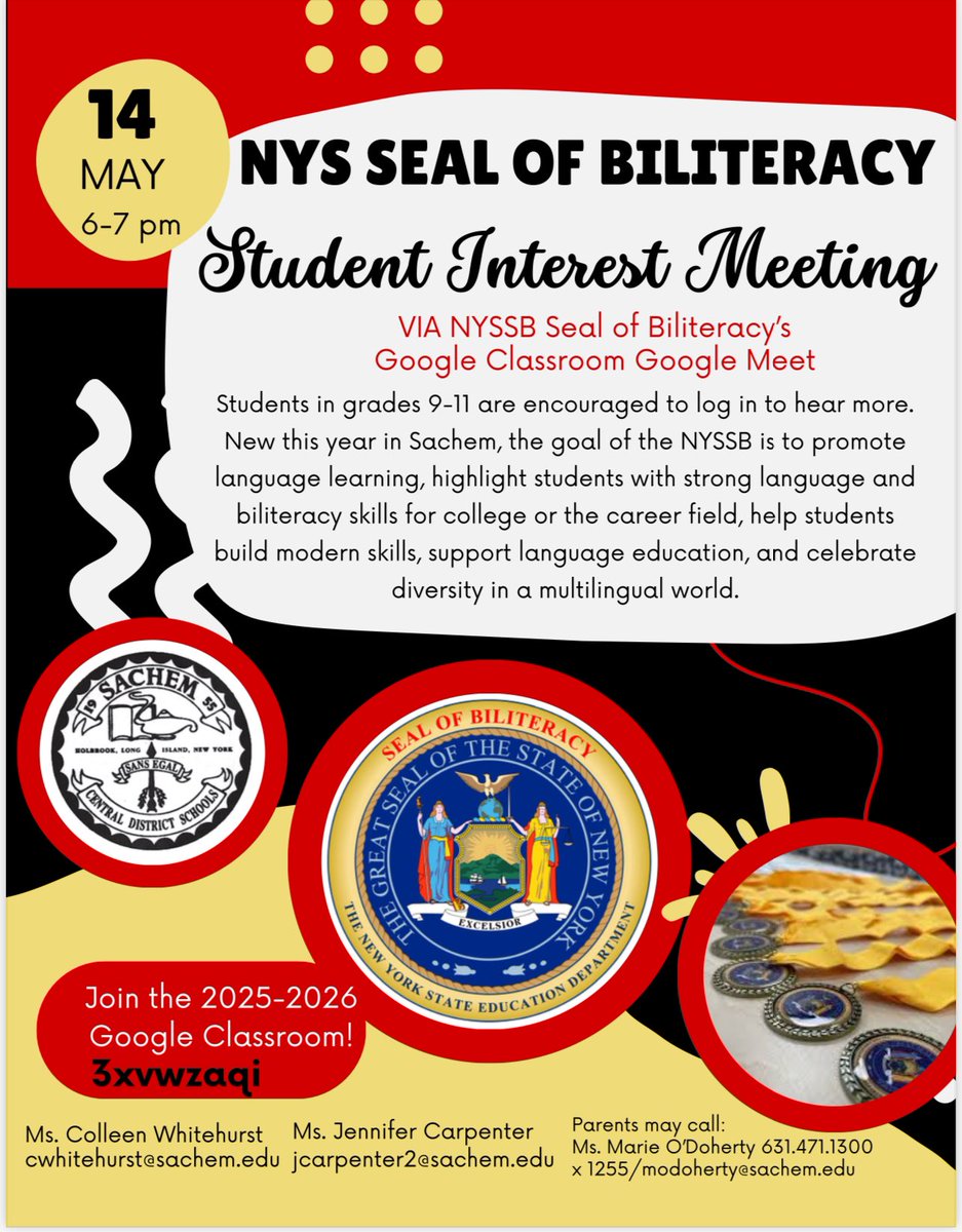Reminder! Anyone interested in NYS Seal of Bilteracy- meeting is TODAY via Google meet! <a href="/sachemhseast/">Principal Antonetti</a>