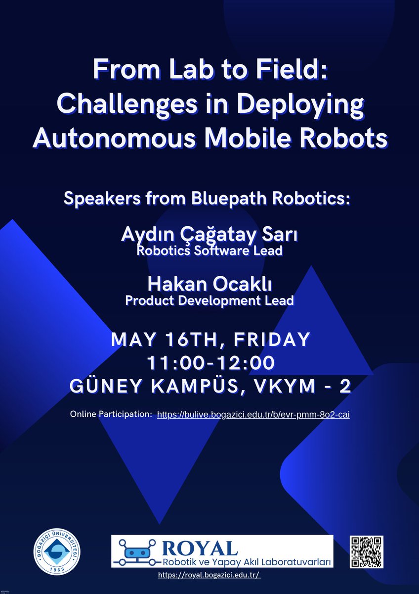 16 Aralık Cuma günü seminerimizde Bluepath Robotics'den konuşmacılarımız olacak. Çevrimiçi de katılabilirsiniz: bulive.bogazici.edu.tr/b/evr-pmm-8o2-…
