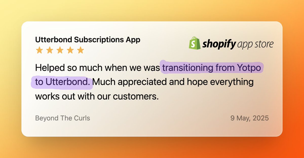 ⏳Yotpo Subscriptions end on June 1 -  The migration wave has already begun.

We just migrated a <a href="/Shopify/">Shopify</a> merchant to Utterbond Subscriptions in under 5 minutes with zero hassle.

No disruption. No data loss. Just a better experience.

Looking to move off Yotpo? Let's connect