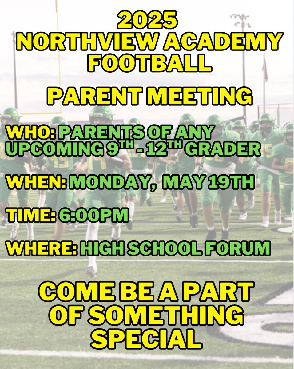 🚨PARENT MEETING🚨

If you have an athlete that is planning on playing football for the 2025 season, we will be having a parent meeting on Monday. All players need to have at least one parent/guardian present.
