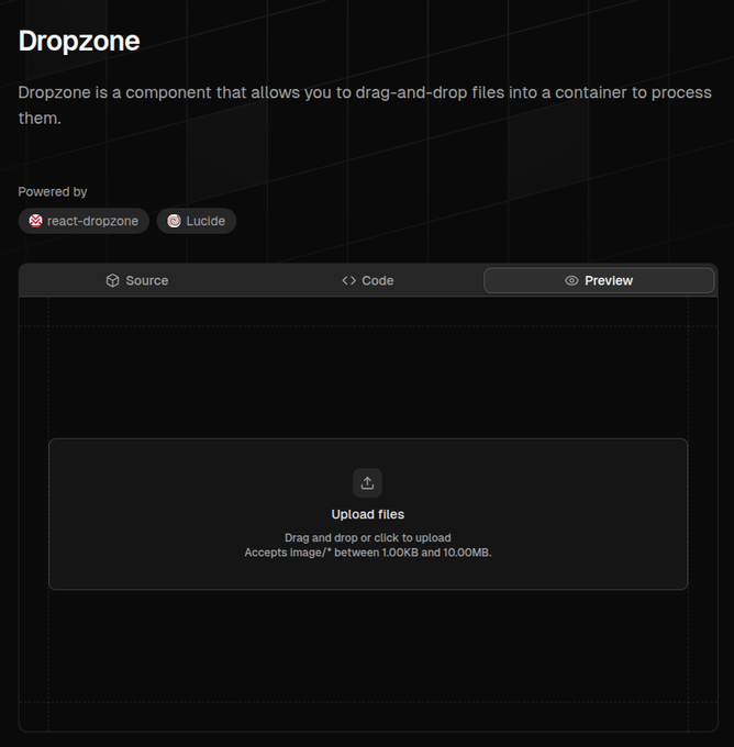 screenshot of dropzone component of Kibo UI