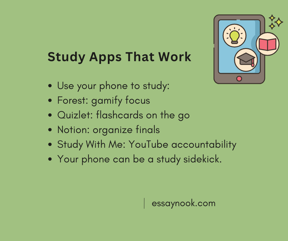 essaynook's tweet image. Turn your phone into a study tool:
 📱 Forest – focus game
 📱 Quizlet – flashcards
 📱 Notion – stay organized
 📱 YouTube – Study With Me vids
 Use it for you, not against you. ➡️ essaynook.com #StudyApps