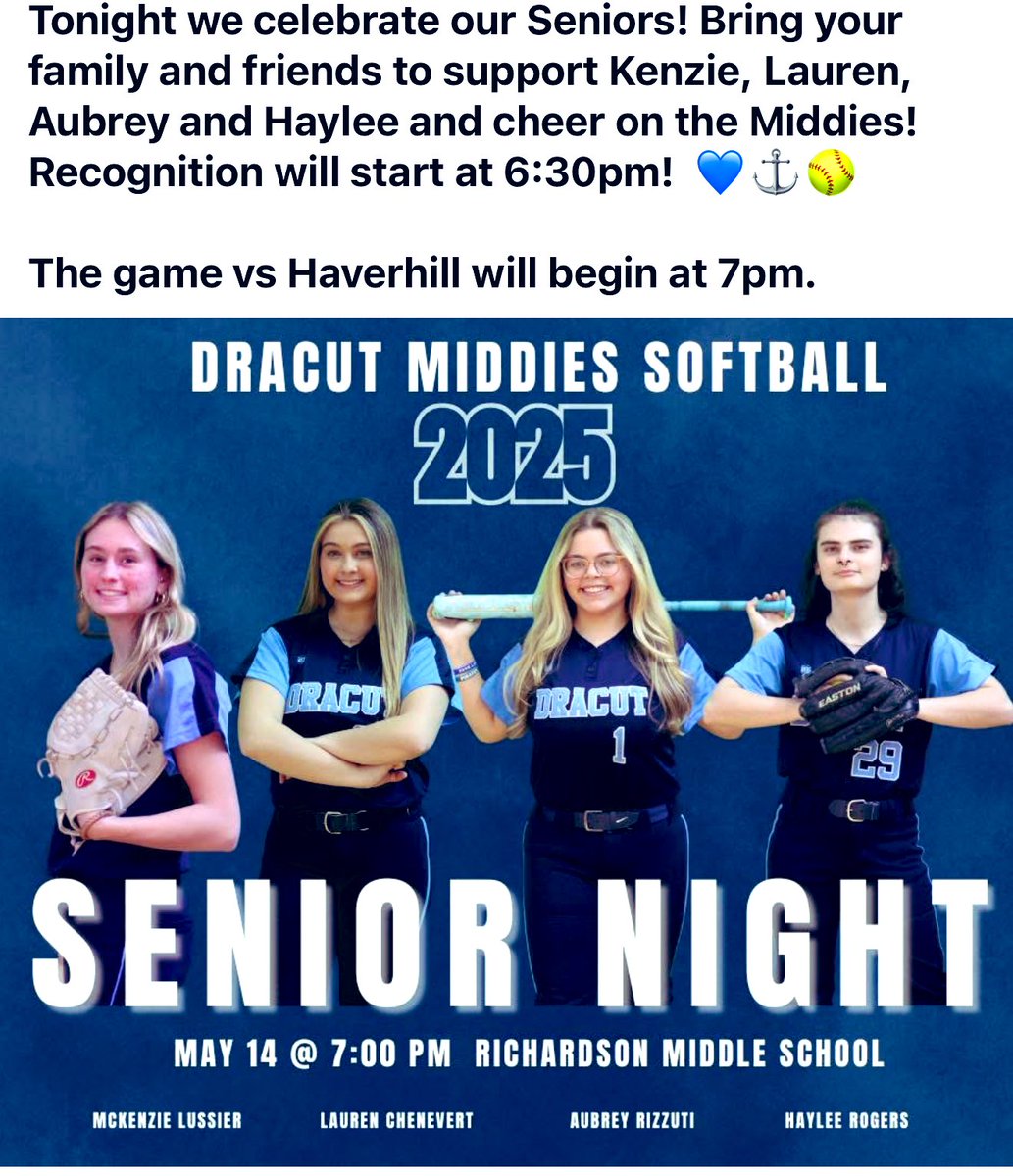 Dracut High School Softball (@dracutsoftball) on Twitter photo Senior night! Game at 7. Senior night festivities 6:30pm. <a href="/dracutmiddies/">Dracut HS Athletics</a> <a href="/DracutSuper/">Steven Stone</a> βοΈπ₯βοΈπ₯βοΈπ₯ Senior night! Game at 7. Senior night festivities 6:30pm. <a href="/dracutmiddies/">Dracut HS Athletics</a> <a href="/DracutSuper/">Steven Stone</a> βοΈπ₯βοΈπ₯βοΈπ₯
