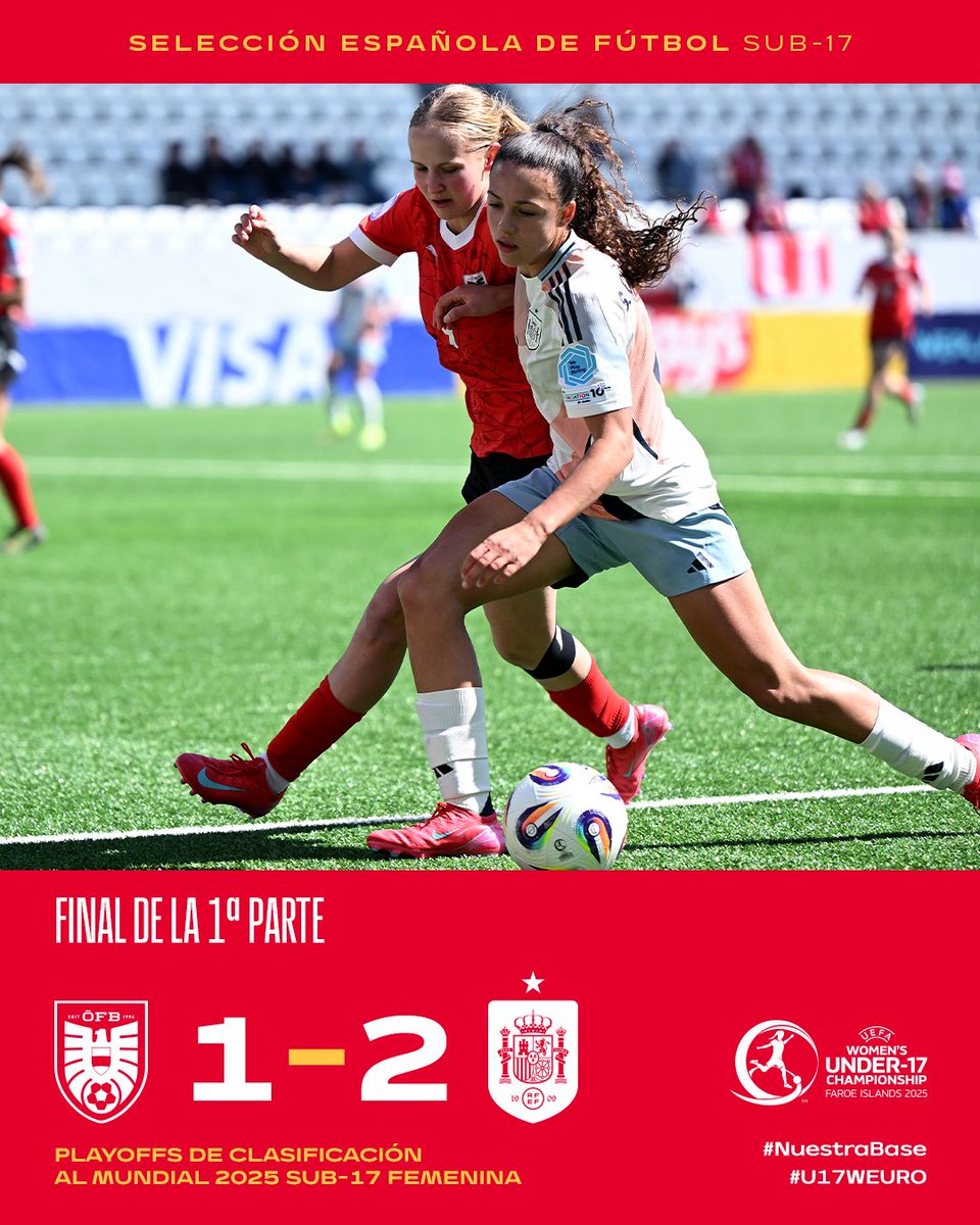 ⏸️ ¡DESCANSO!

Los goles de Anna Quer y María Carvajal dan la victoria momentánea a España.

🇦🇹🆚🇪🇸 (𝘀𝘂𝗯-𝟭𝟳) I 1-2 I 45’

📺 UEFA.tv

#NuestraBase | #U17WEURO