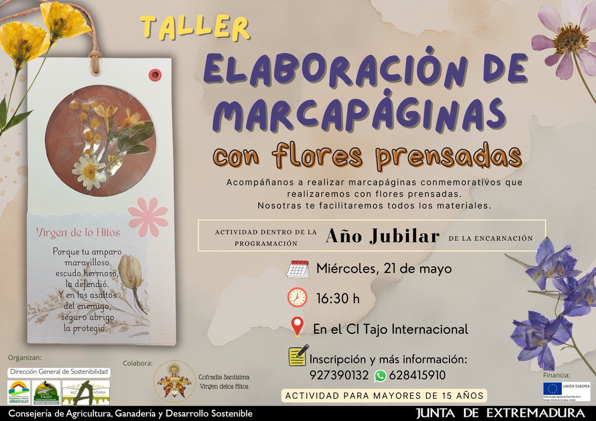 🌷"Elaboración de marcapáginas con flores prensadas" 🌹

📅Miércoles 21 mayo
⏰16:30 h.
📍Centro de Interpretación
📝Inscripción gratuita y + información: 924390132 / 628415910 (actividad para mayores de 15 años)