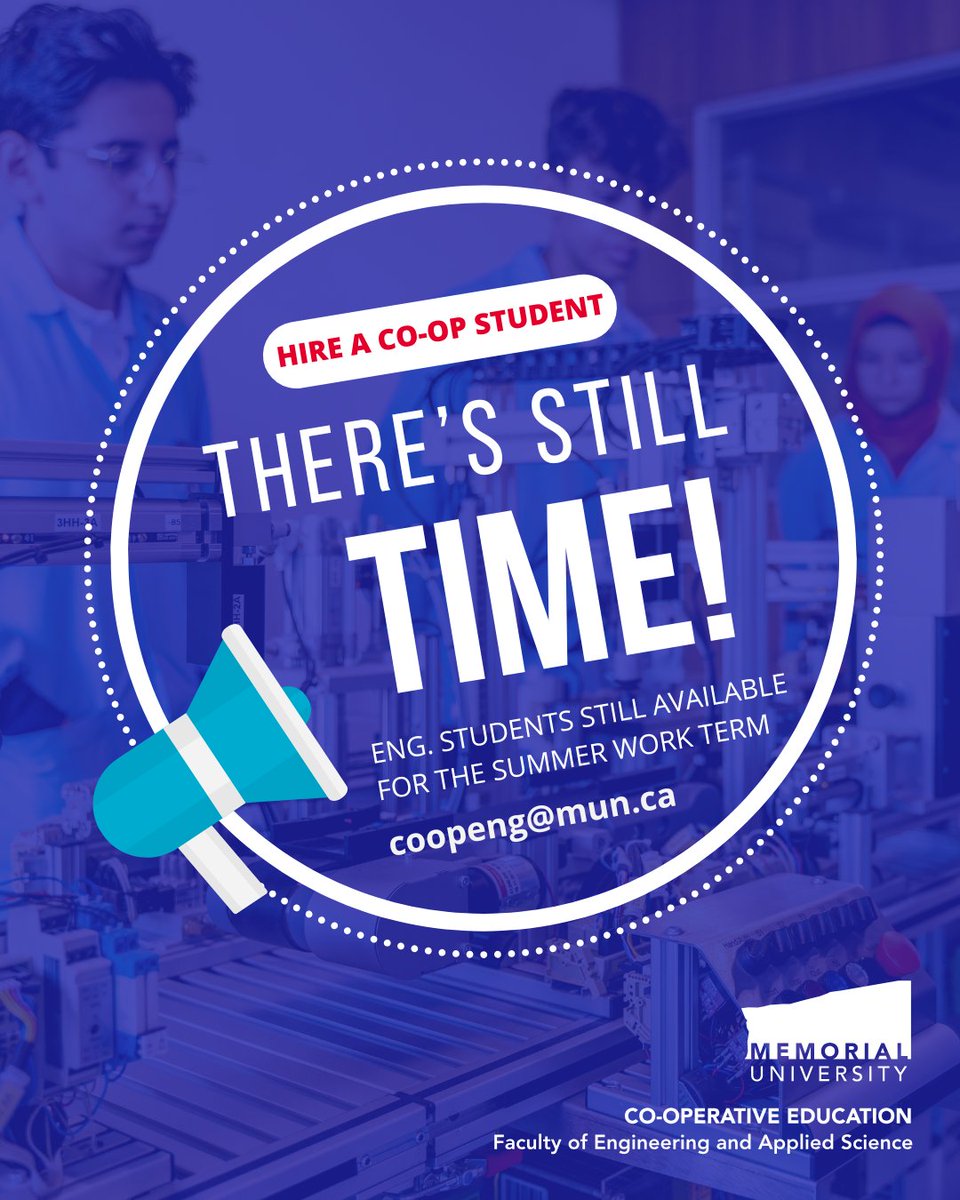 🚀 Looking for tech talent this summer? There’s still time to hire an engineering student from Memorial University!

From websites to real-world problem solving, they’re ready to make an impact.

👉 coopeng@mun.ca
💡 Funding may be available!

#MUNEngineering #CoopStudents