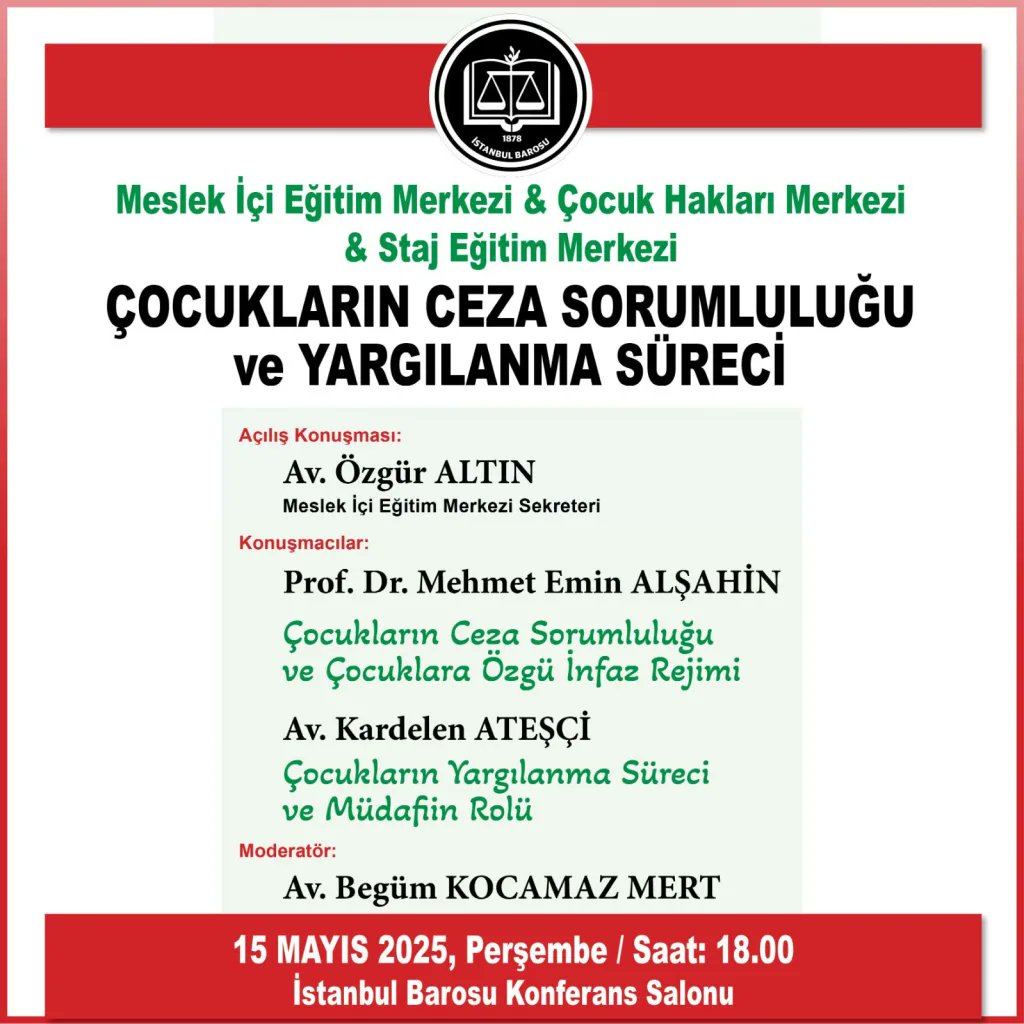 Türkiye Hukuk (@turkiye_hukuk) on Twitter photo 🗓️ 15 Mayıs #Perşembe 🕝 18.00
✅ Düzenleyen: <a href="/istbarosu/">İstanbul Barosu</a>
💬 Özgür Altın, <a href="/MehmetAlsahin/">Mehmet Emin Alşahin</a>, <a href="/Cikarde/">Kardelen Atesci</a>, Begüm Kocamaz Mert
📨 E-Bülten: turkiyehukuk.substack.com
📢 Yaklaşan hukuk etkinlikleri: turkiyehukuk.org/etkinlik/ 🗓️ 15 Mayıs #Perşembe 🕝 18.00
✅ Düzenleyen: <a href="/istbarosu/">İstanbul Barosu</a>
💬 Özgür Altın, <a href="/MehmetAlsahin/">Mehmet Emin Alşahin</a>, <a href="/Cikarde/">Kardelen Atesci</a>, Begüm Kocamaz Mert
📨 E-Bülten: turkiyehukuk.substack.com
📢 Yaklaşan hukuk etkinlikleri: turkiyehukuk.org/etkinlik/