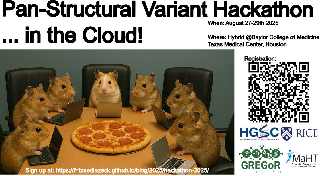 Fritz Sedlazeck (@sedlazeck) on Twitter photo Already 30+ registered for our 7th Structural Variants, Graph genomes #bioinformatics #hackathon:
fritzsedlazeck.github.io/blog/2025/hackā¦ā¦
Registration closes 10th of Aug!
Groups will work on interesting topics that will be published in F1000.
<a href="/BCM_HGSC/">BCM HGSC</a> <a href="/BCMFromtheLabs/">From the Labs at Baylor College of Medicine</a> <a href="/RiceCompSci/">Rice Computer Science</a> Already 30+ registered for our 7th Structural Variants, Graph genomes #bioinformatics #hackathon:
fritzsedlazeck.github.io/blog/2025/hackā¦ā¦
Registration closes 10th of Aug!
Groups will work on interesting topics that will be published in F1000.
<a href="/BCM_HGSC/">BCM HGSC</a> <a href="/BCMFromtheLabs/">From the Labs at Baylor College of Medicine</a> <a href="/RiceCompSci/">Rice Computer Science</a>