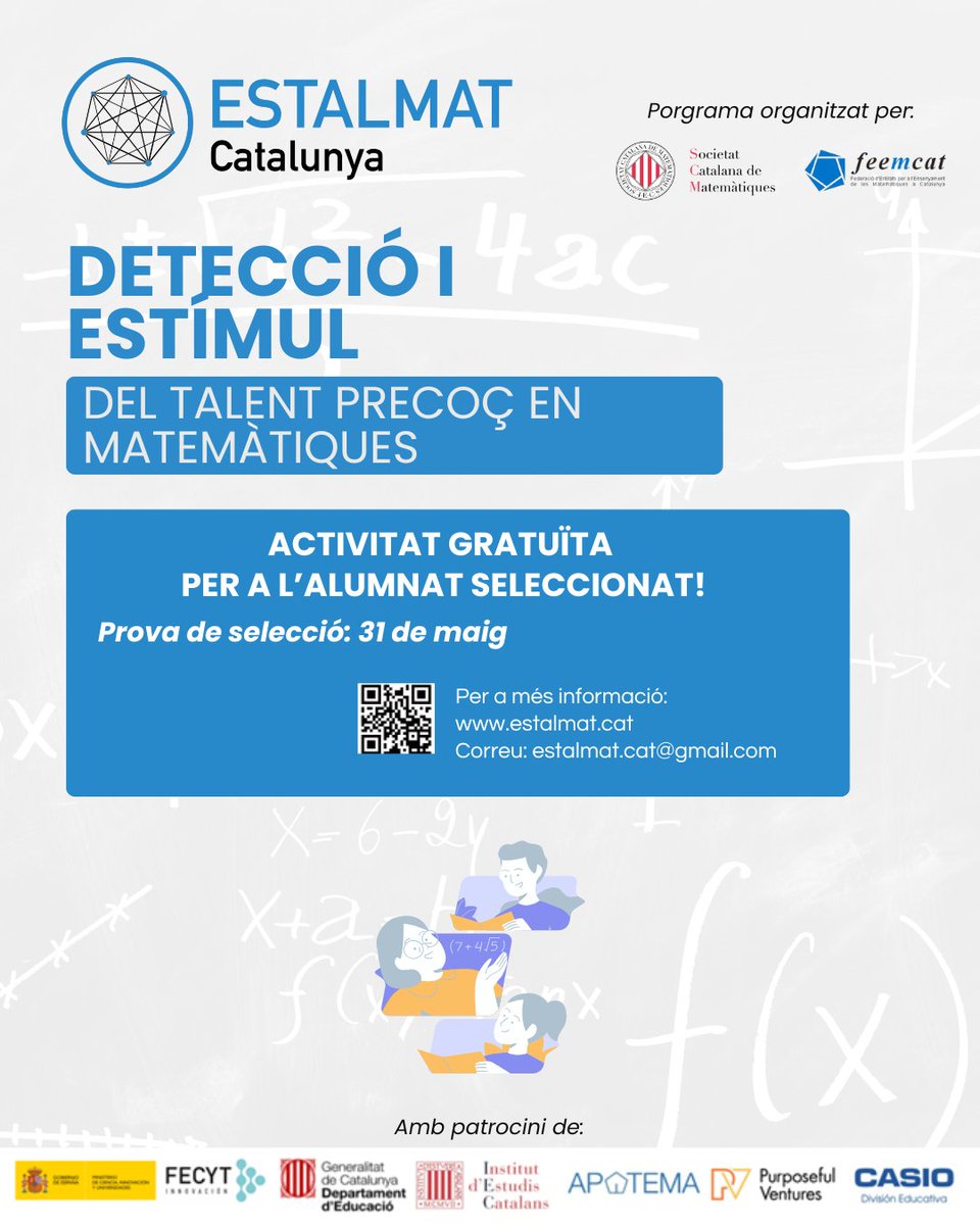 soccatmat's tweet image. 📣 Preinscripcions obertes per a ESTALMAT Catalunya 2025–2027!

📝 Inscripcions: del 6 al 25 de maig.
 📅 Prova de selecció: 31 de maig.
 📍 Llocs: Barcelona, Palafrugell, Lleida i Reus.
🔗 Més informació i inscripcions: estalmat.cat.

#Estalmat #Matemàtiques