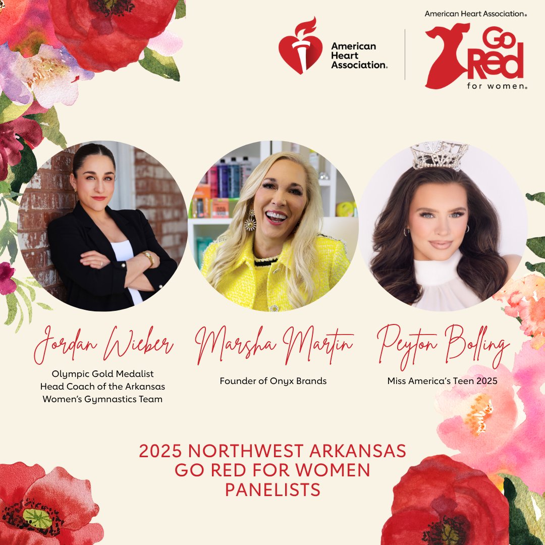 Meet our NWA GRFW panelists!
✨ Olympian &amp; Arkansas Gymnastics Head Coach Jordyn Wieber
✨ Onyx Brands Founder Marsha Martin
✨ Miss America’s Teen 2025 Peyton Bolling
These women inspire action for heart health &amp; self-care. Learn more about GRFW here:spr.ly/6017NXhF3