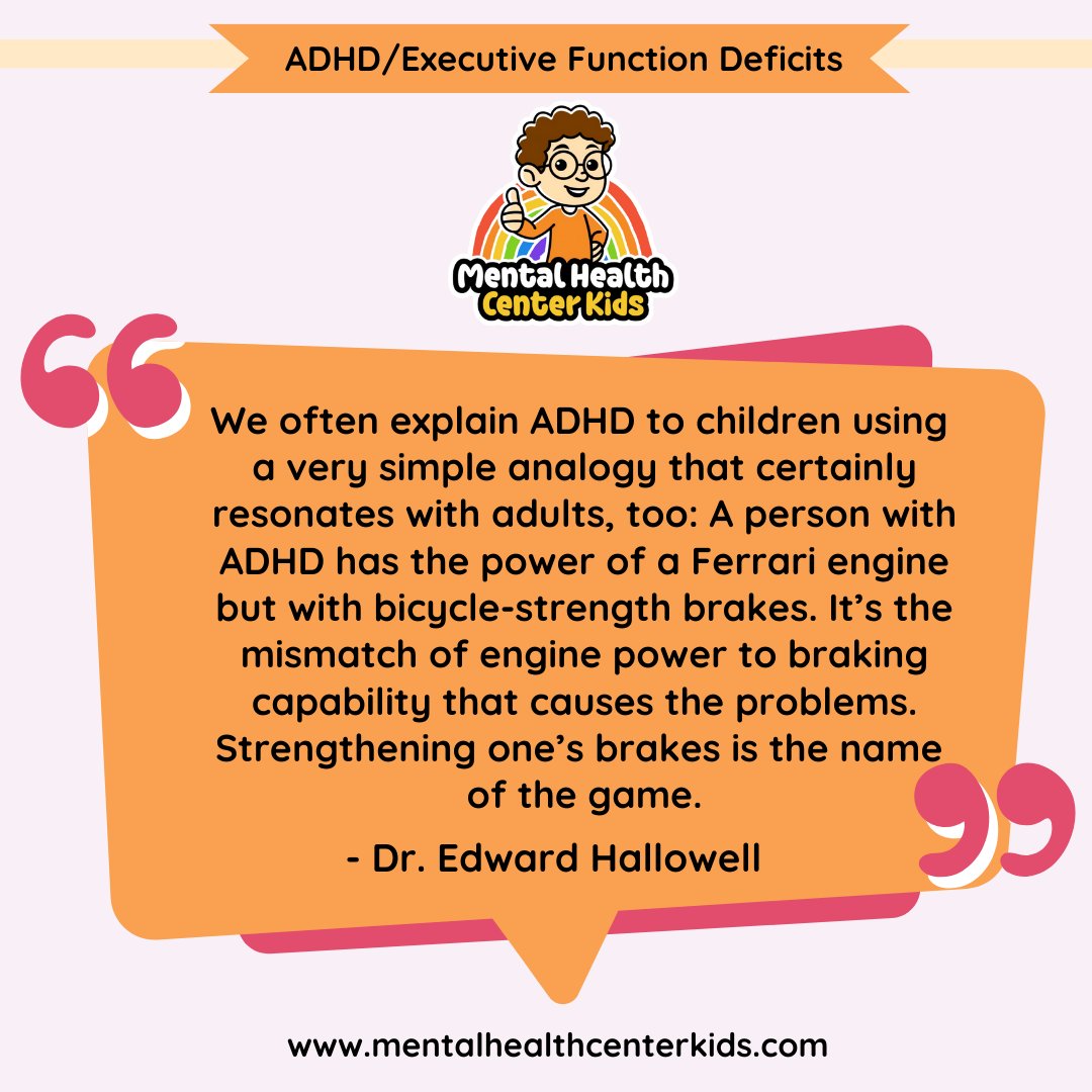 MHCenterKids's tweet image. ADHD is like a ferrari engine with bicycle brakes. How do you strengthen your child's "brakes?"
#ADHD #ExecutiveFunction