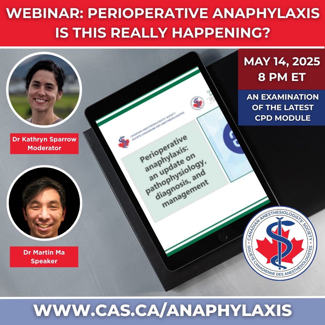 Canadian Anesthesiologists' Society (@casupdate) on Twitter photo TONIGHT: Webinar: Perioperative Anaphylaxis – Is This Really Happening?
🕗 8 PM ET
Get expert insights + Q&A as we walk through our latest CPD module on diagnosis & management in perioperative anaphylaxis.
Register by 7:30 pm ET at cas.ca/anaphylaxis
<a href="/CJA_Journal/">CJA - Canadian Journal of Anesthesia</a> TONIGHT: Webinar: Perioperative Anaphylaxis – Is This Really Happening?
🕗 8 PM ET
Get expert insights + Q&A as we walk through our latest CPD module on diagnosis & management in perioperative anaphylaxis.
Register by 7:30 pm ET at cas.ca/anaphylaxis
<a href="/CJA_Journal/">CJA - Canadian Journal of Anesthesia</a>