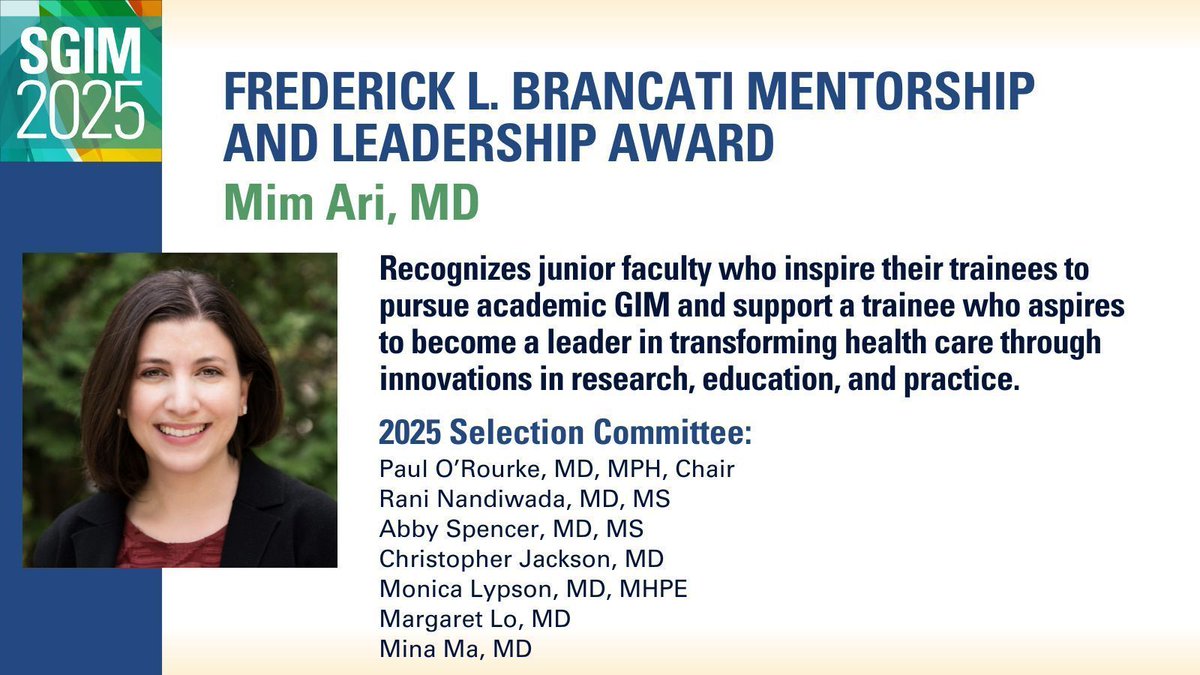 🎉 Congratulations to our #SGIM25 Award Winner! 🎉

Please join us in celebrating Mim Ari, MD (<a href="/Mim_Ari/">Mim Ari</a>), recipient of the Frederick L. Brancati Mentorship and Leadership Award. Their outstanding work exemplifies excellence in general internal medicine.

👏 Help us congratulate