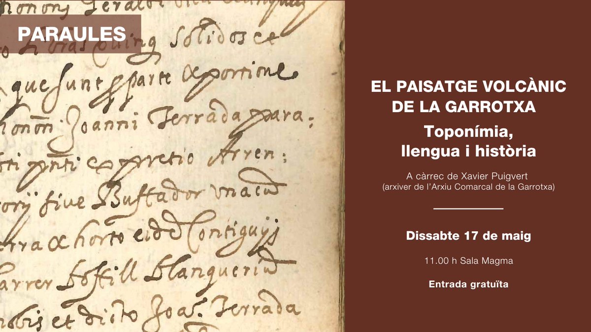 Espai Cràter (@espai_crater) on Twitter photo 🌋 No us perdeu la conferència 'El paisatge volcànic de la Garrotxa: toponímia, llengua i història'
📗 Xavier Puigvert, arxiver d'<a href="/acgarrotxa/">AC Garrotxa</a>, ens descobrirà com els topònims i el lèxic ens ajuden a conèixer millor la nostra història.
🗓️Ds. 17/05 (11 h)
🎟️Lliure
📍Sala Magma 🌋 No us perdeu la conferència 'El paisatge volcànic de la Garrotxa: toponímia, llengua i història'
📗 Xavier Puigvert, arxiver d'<a href="/acgarrotxa/">AC Garrotxa</a>, ens descobrirà com els topònims i el lèxic ens ajuden a conèixer millor la nostra història.
🗓️Ds. 17/05 (11 h)
🎟️Lliure
📍Sala Magma