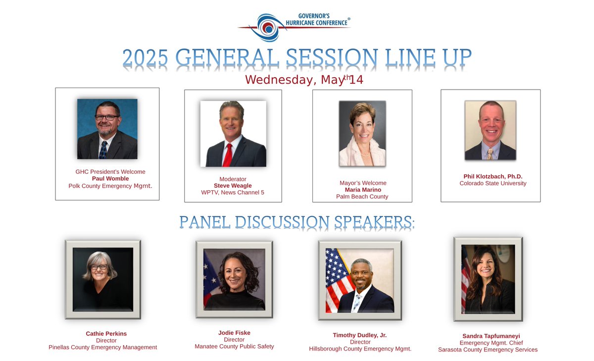 📣 Join us this morning for our live stream of the Governor's Hurricane Conference General Session from the Palm Beach County Convention Center! 

📅 General Session: May 14th, 8:45 AM

Watch Here: flghc.org/general-sessio…  

#GHC2025 #EnduringTogether #PerseveringWithPurpose