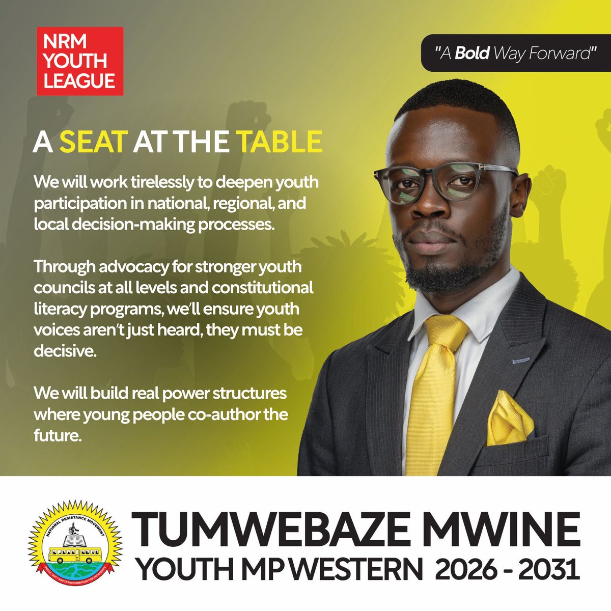 We are owed a seat at the table.

As your Youth MP for Western Uganda, I will work tirelessly to deepen youth participation in all levels of decision-making. 

We will ensure your voices are heard and take their rightful place, as we work together to shape a future that we will