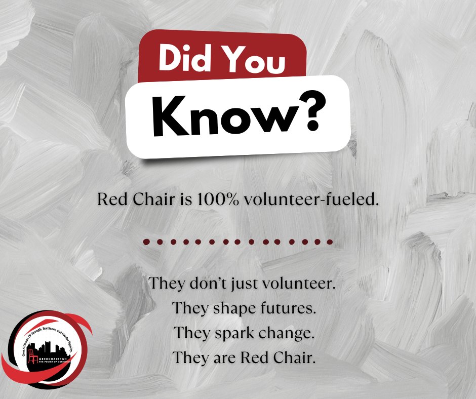Did you know?

Red Chair is a 100% volunteer-fueled organization.

Over the coming weeks, we’ll be introducing each of our board members so stay tuned!

Ready to make an impact?

We’d love to welcome you to the volunteer team.

 redchairpgh.org/contact/

#redchairpgh