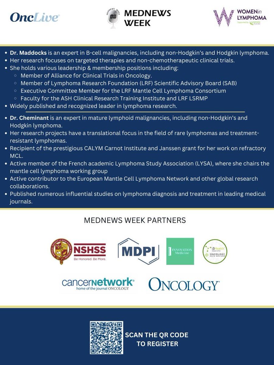 Jenna (@jenna_ghazal_) on Twitter photo 📅 May 22 6:30PM EST
Join <a href="/MedNewsWeek/">MedNewsWeek</a> session spotlighting <a href="/WomenInLymphoma/">Women in Lymphoma - wil@lymphoma.org.au</a>
⚕️This episode dives into Mantle Cell Lymphoma: Evolving Strategies in Diagnosis & Treatment, featuring two trailblazers: Dr. Kami Maddocks & Dr. Morgane Cheminant
🔗LINK globalmeet.webcasts.com/starthere.jsp?… 📅 May 22 6:30PM EST
Join <a href="/MedNewsWeek/">MedNewsWeek</a> session spotlighting <a href="/WomenInLymphoma/">Women in Lymphoma - wil@lymphoma.org.au</a>
⚕️This episode dives into Mantle Cell Lymphoma: Evolving Strategies in Diagnosis & Treatment, featuring two trailblazers: Dr. Kami Maddocks & Dr. Morgane Cheminant
🔗LINK globalmeet.webcasts.com/starthere.jsp?…