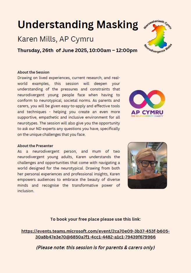 WARC_Cardiff's tweet image. Free Parents & Carers Virtual Advice Session from the @NDTeamWales team coming up on 26th June. The focus is on Understanding Masking.
Sign up here: events.teams.microsoft.com/event/2ca70e09…