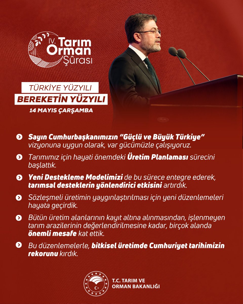 Bakanımız Sayın <a href="/ibrahimyumakli/">İbrahim Yumaklı</a>:

"Sayın Cumhurbaşkanımızın "Güçlü ve Büyük Türkiye” vizyonuna uygun olarak var gücümüzle çalışıyoruz."

📍 IV. Tarım Orman Şûrası