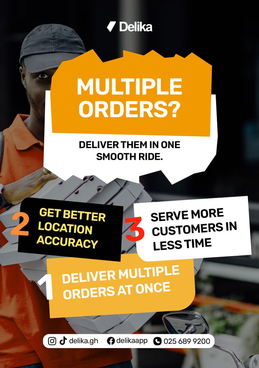 delika_gh's tweet image. Got multiple orders? 🚀
Deliver them all in one ride — with accurate locations and faster drop-offs.
Serve more customers, save more time.
 Delika makes it easy.
#MultipleOrders #SmartDelivery #DelikaDelivers #ServeMoreInLessTime #LocationAccuracy #MadeSimple